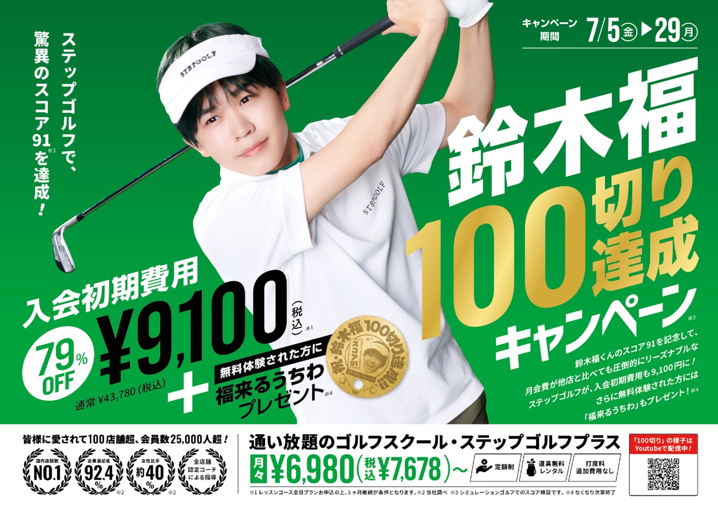 スコア91で100切り達成を発表！達成記念キャンペーン7月5日開始 インドアゴルフスクール「ステップゴルフ」で挑戦した1年鈴木福くん　