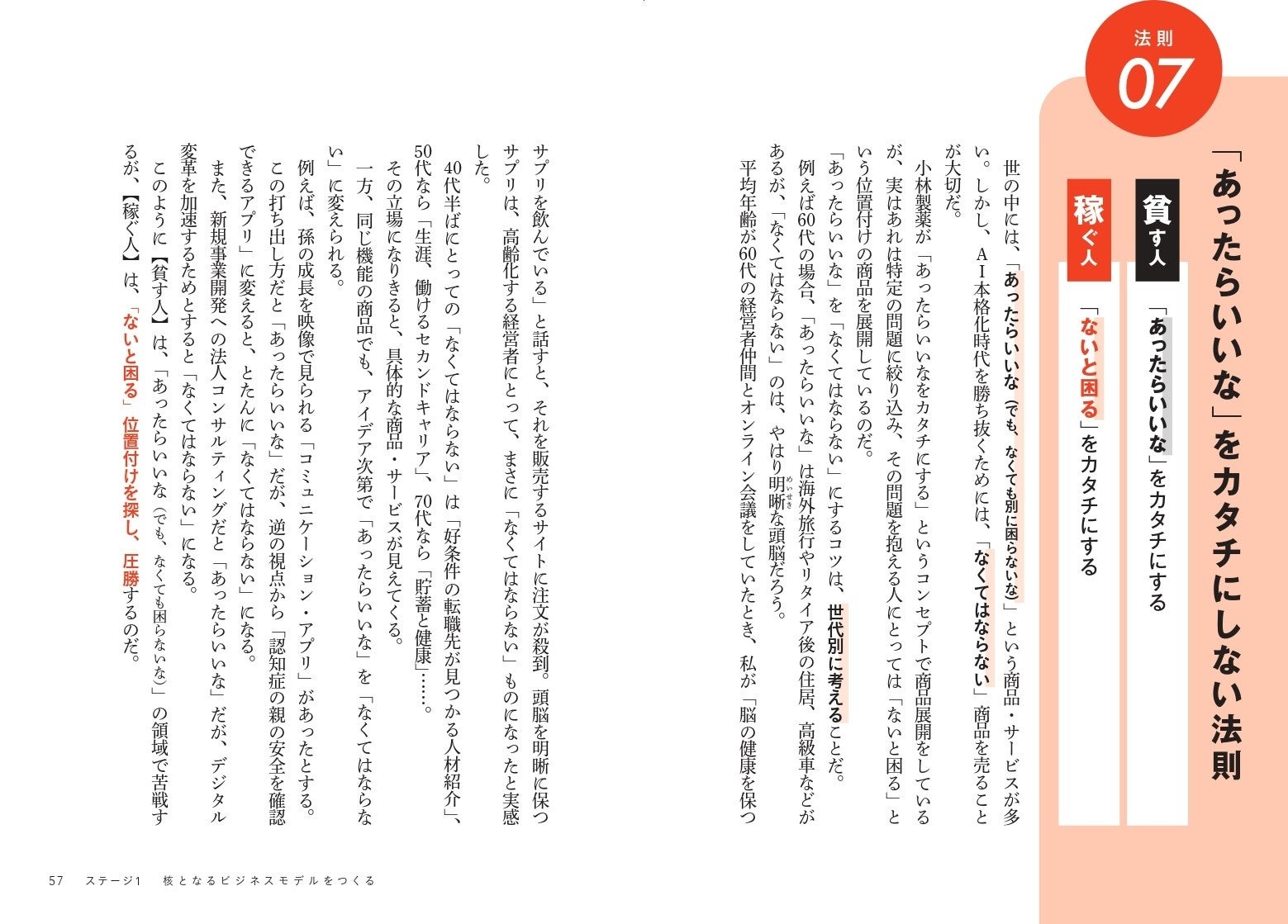 「売れる法則85」は1法則を見開き2ページで構成。「貧す人」と「稼ぐ人」の言葉を対比でわかりやすく解説します。