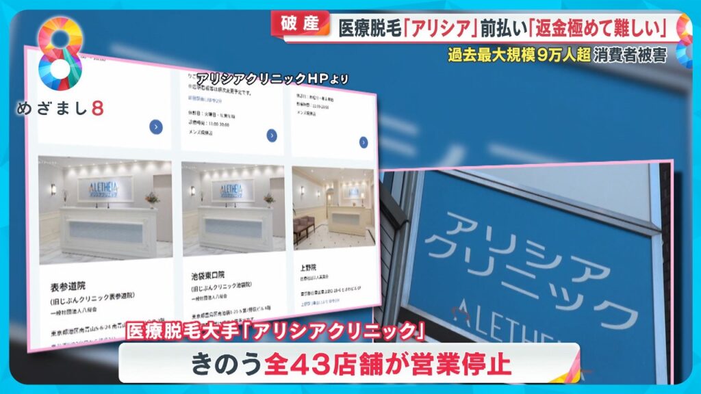 【突然】医療脱毛大手｢アリシアクリニック｣破産 “返金極めて厳しい…”被害9万人超 解雇従業員怒りの声【めざまし８ニュース】