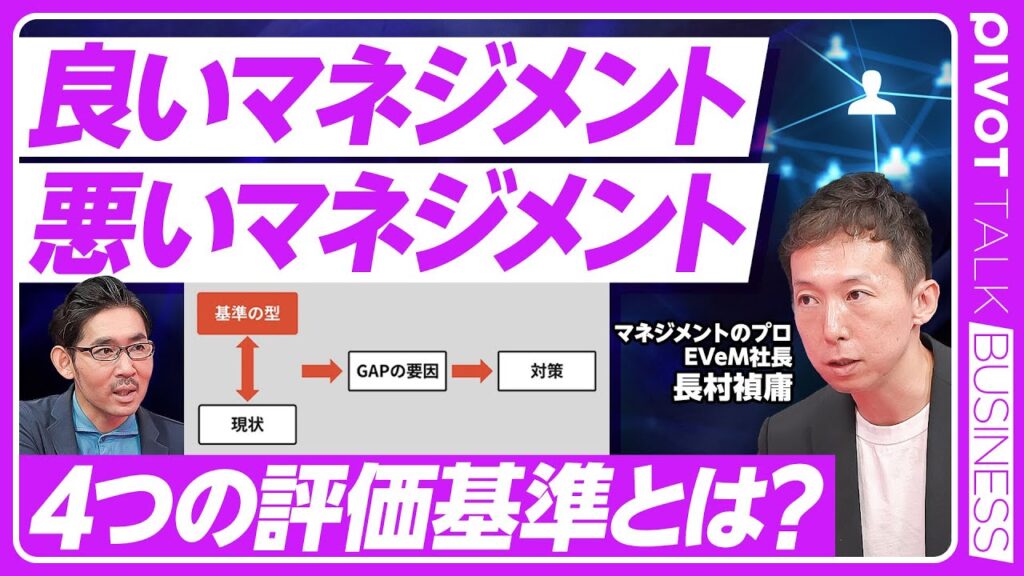 【良いマネジメント、悪いマネジメント】マネジメントができている状況とは？／目標達成が全てではない／評価の４つの基準／全社の中長期的な成長に貢献する／残すべき結果とは？／自分の癖に気づく／良い新人教育