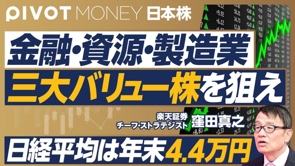 【日本株の投資戦略：三大バリュー株を狙え】今の株価は割高か？／日経平均は年末4.4万円／GPIFに学ぶポートフォリオ戦略／金融の3銘柄／資源エネルギーの3銘柄／製造業の3銘柄／J -REITの4銘柄